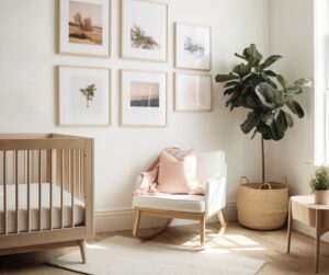 photo of a room with a brown crib and white chair and a tree in the corner - tips for how to use a sound machine